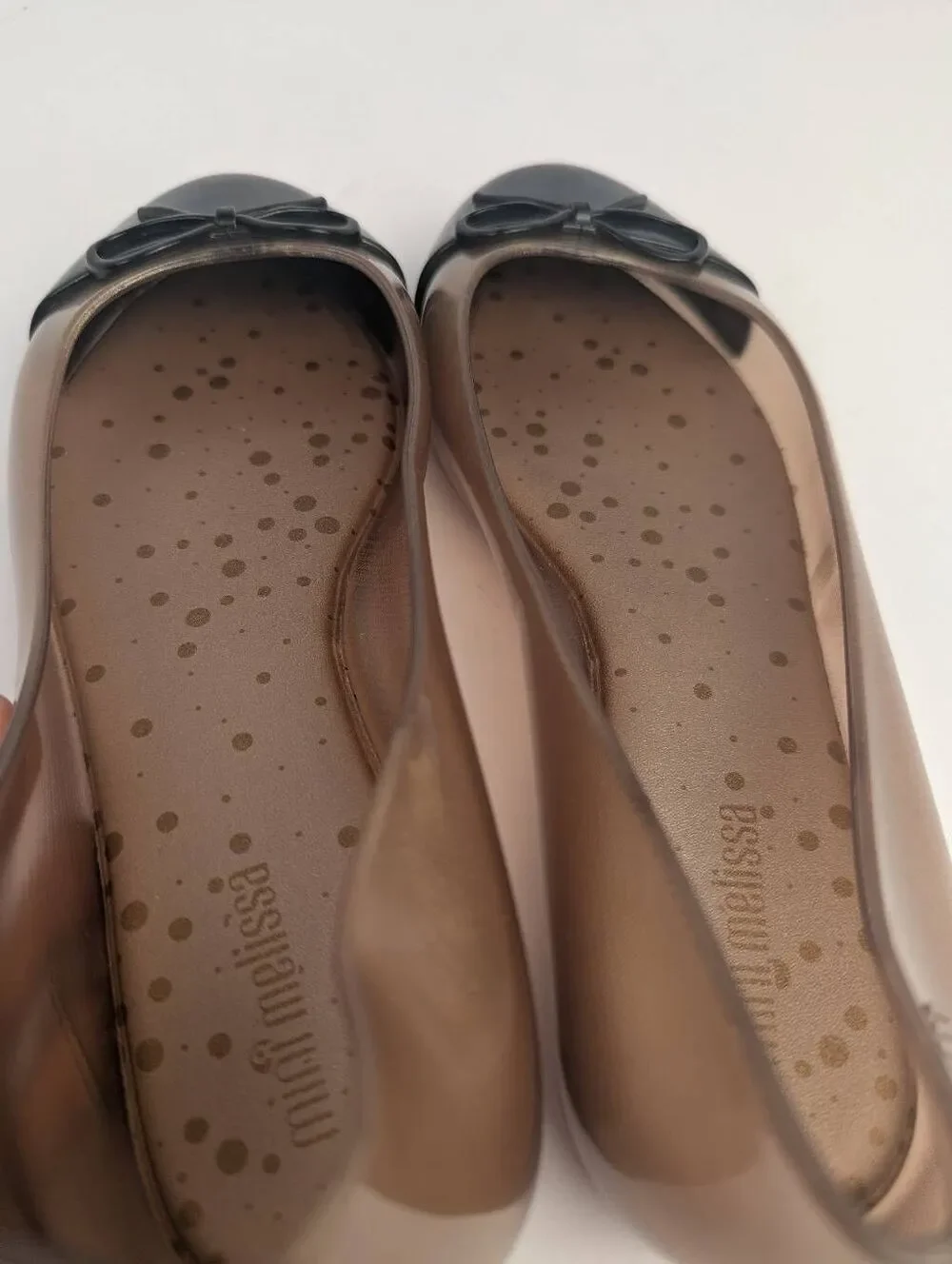 Mini Melissa Sweet Love Rose gold & black cap toe bow flats jellies girls 2